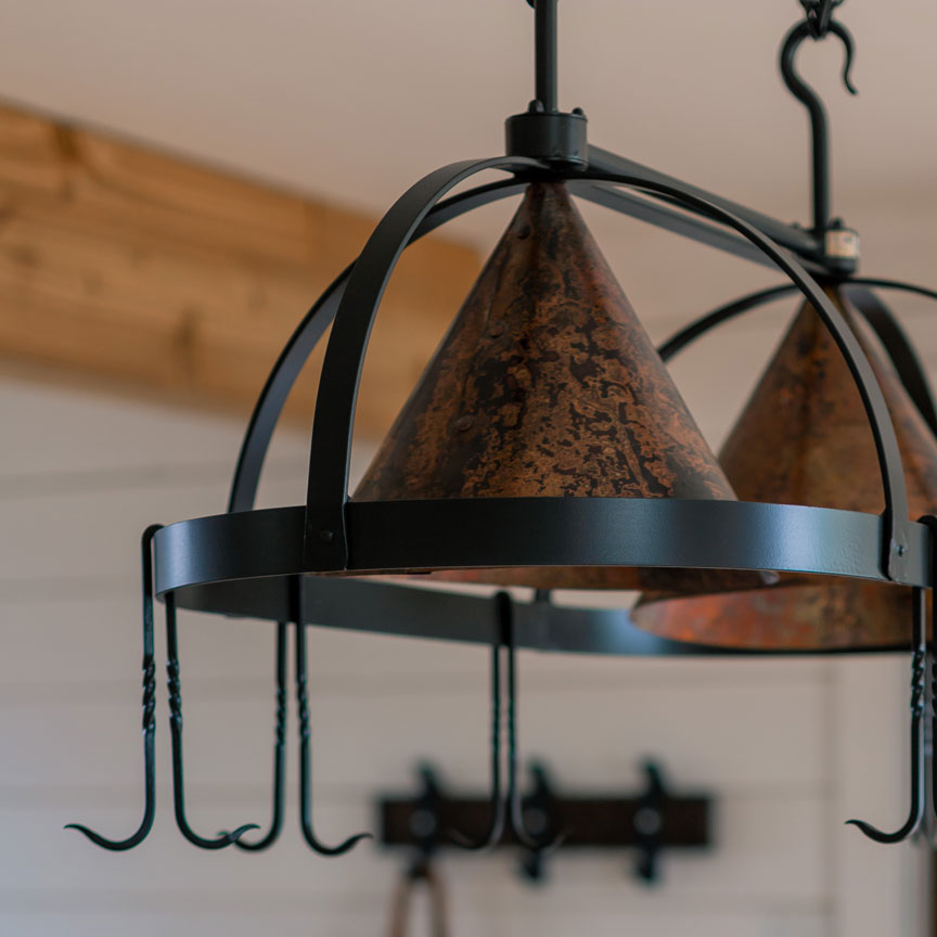 Forged Wrought Iron Lighted Pot Rack - Oval Copper - Iron Accents